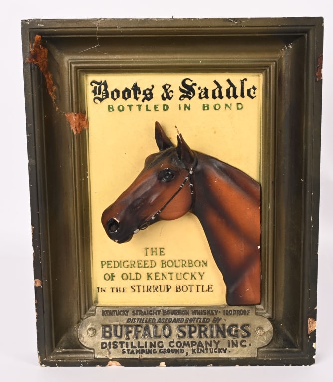 BOOTS & SADDLE BOURBON CHALKWARE PLAQUE: Boots & Saddle chalkware Plaque. All original with great horse. Has some wear. Pre-Pro. 17"x13 1/2" Very Good