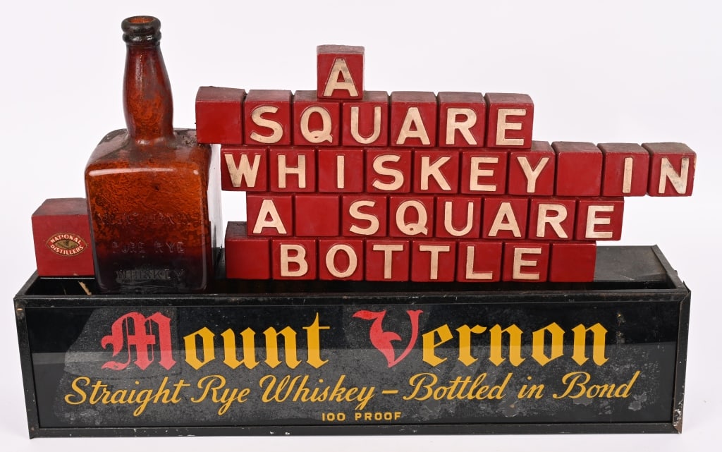 MOUNT VERNON WHISKEY LIGHTUP DISPLAY: Mount Vernon Whiskey Lightup Display. All original in great condition. Tin case with reverse painted glass. A very impressive piece. Worked when tested. 22"x14" Excellent