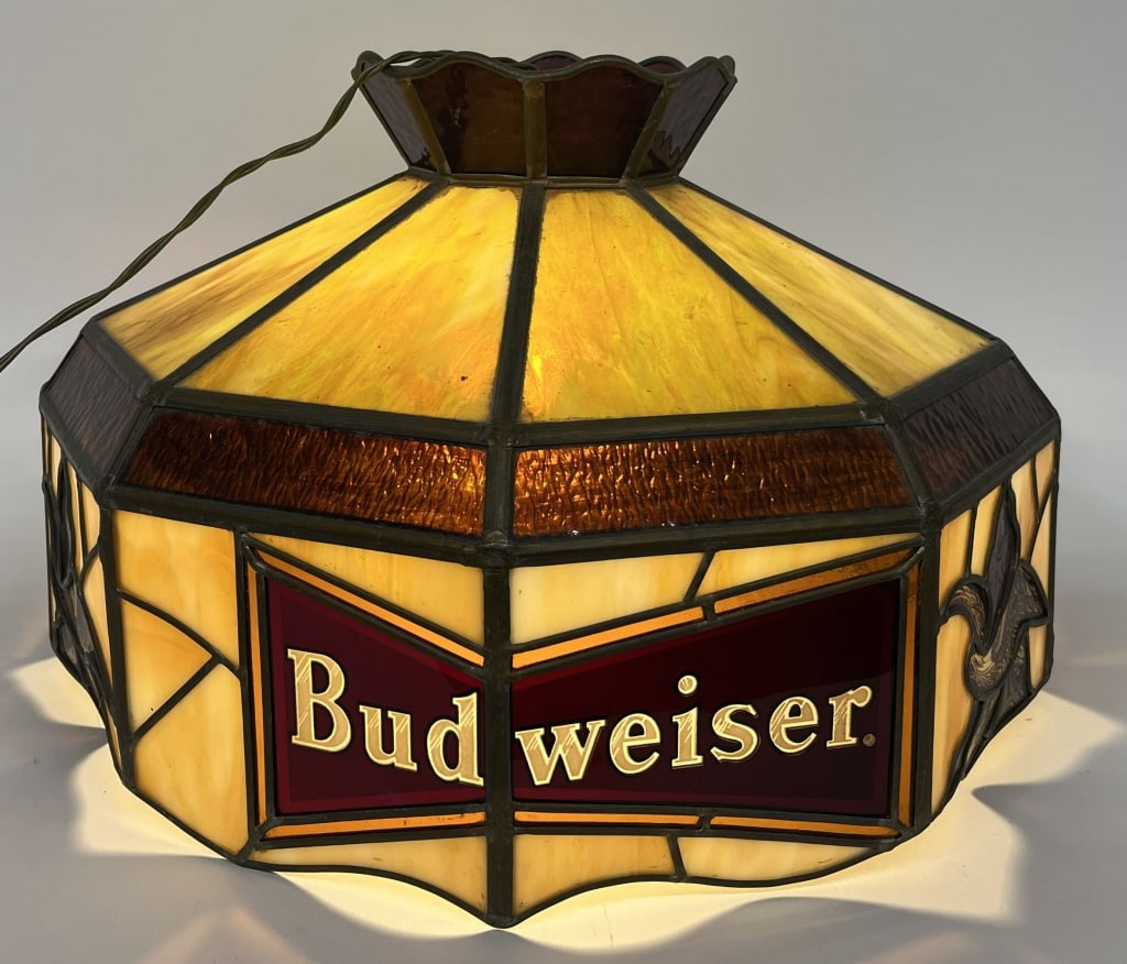 BUDWEISER BEER LEADED GLASS ADVERTISING LAMP: Budweiser Beer leaded glass Advertising Hanging Lamp. All original in beautiful condition. Very well made with Eagle logos. Worked when tested. 20" Excellent