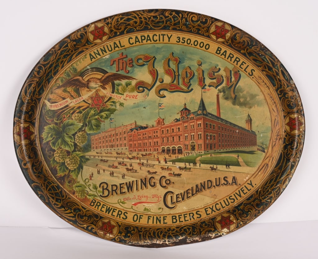 LEISY BREWING COMPANY ADVERTISING TRAY: Leisy Brewing Company Advertising Tray. Great image of the Brewery. From Cleveland, Ohio. All original with some edge wear. Pre-Pro 16 1/2" Excellent