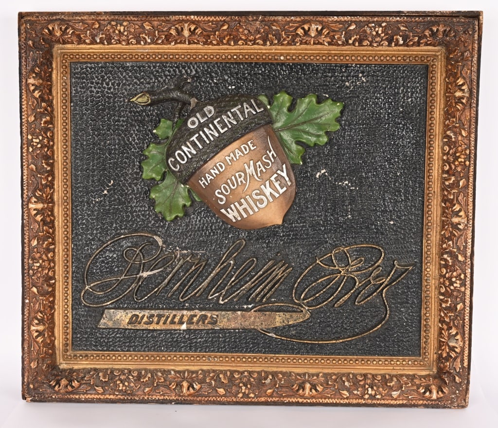 OLD CONTINENTAL WHISKEY ADVERTISING SIGN: Old Continental Whiskey Advertising Sign. Composition self framed sign. All original condition. Has some minor edge wear. 31"x27" Excellent