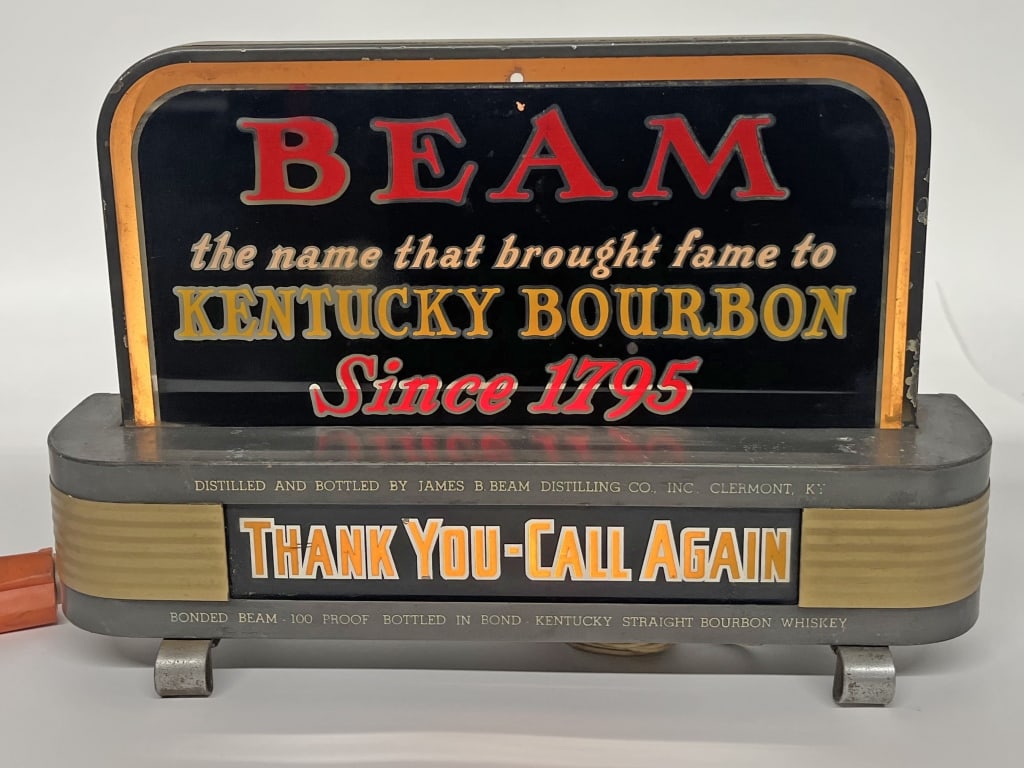 BEAM BOURBON DECO LIGHTUP SHELF SIGN: Beam Kentucky Bourbon deco style lightup Shelf Sign. All original and in great condition. Worked when tested. 14"x 9 3/4" Excellent