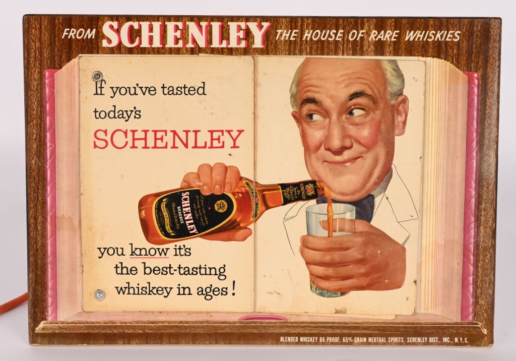 SCHENLEY WHISKIES MOVING BOOK SIGN: Schenley Whiskies electric Moving Book Sign. All original with moving pages of book. Worked when tested. 18 1/2"x13" Excellent
