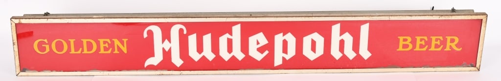HUDEPOHL BEER HANGING LIGHT: Hudepohl Beer Hanging Light. Reverse painted glass. All original in good condition. Worked when tested. Brewed in Cincinnati, Ohio. 48"x8" Excellent