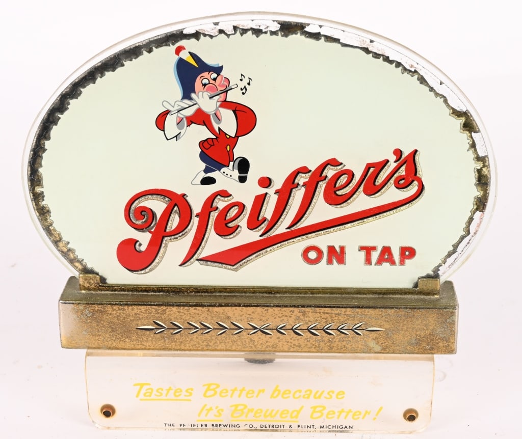PFEIFFER'S BEER REVERSE PAINTED REGISTER SIGN: Pfeiffer's Beer reverse painted glass cash register sign. All original with some edge loss. Brewed in Detroit, MI. 9"x8 1/2" Very Good-Excellent