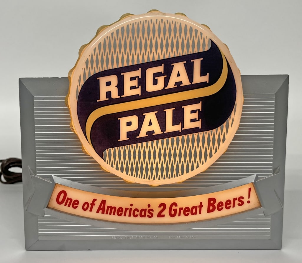 REGAL PALE BEER BOTTLE CAP LIGHTUP SHELF SIGN: Regal Pale Beer Bottle Cap lightup shelf Sign. All original in great shape. Worked when tested. Brewed in San Francisco, Ca. 9 1/2"x9" Excellent