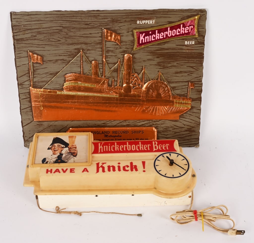 KNICKERBOCKER BEER LIGHTUP CLOCK & SHIP SIGN: Knickerbocker Beer Lightup Clock. All original and worked when tested. Brewed in New York. Comes with Metropolis Steamship Foil Sign. 18" Excellent