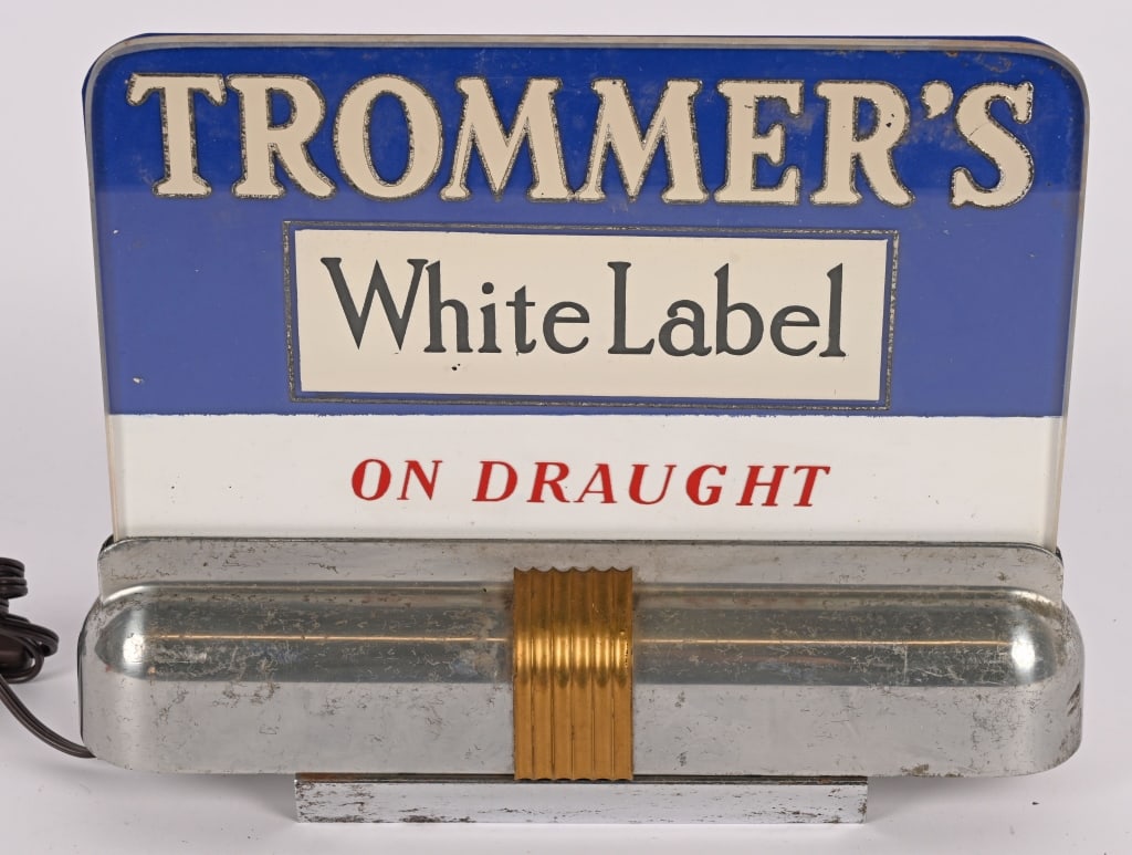 TROMMER'S WHITE LABEL BEER LIGHTUP DECO SIGN: Trommer's White Label Beer deco style Lightup Shelf Sign. All original in great shape. Worked when tested. Brewed in Brooklyn, NY. 13"x11 1/2" Excellent