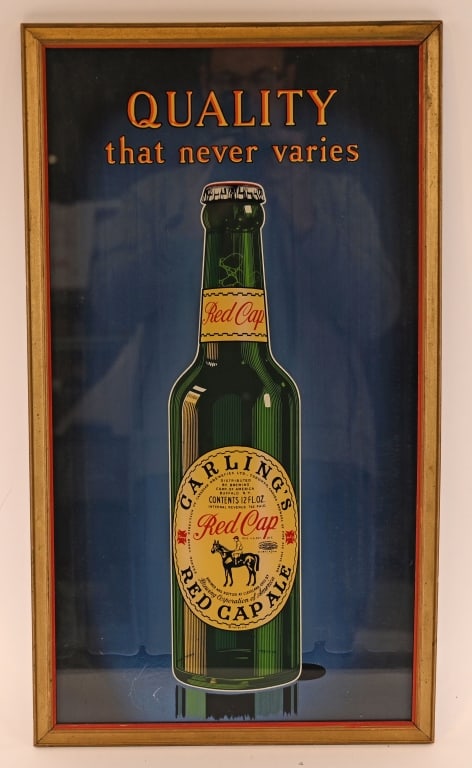 CARLING'S RED CAP ALE FRAMED FOIL SIGN: Carling's Red Cap Ale framed foil Sign. All original with nice colors. Brewed in Cleveland. Ohio. 23"x13" Excellent