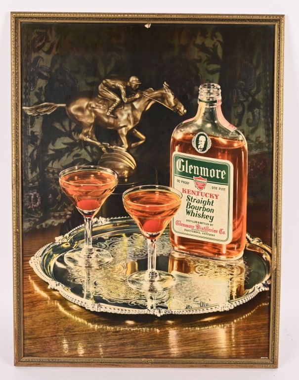 GLENMORE WHISKEY FRAMED CARDBOARD SIGN: Glenmore Whiskey framed cardboard Sign. All original with nice colors. 29"x22" Excellent