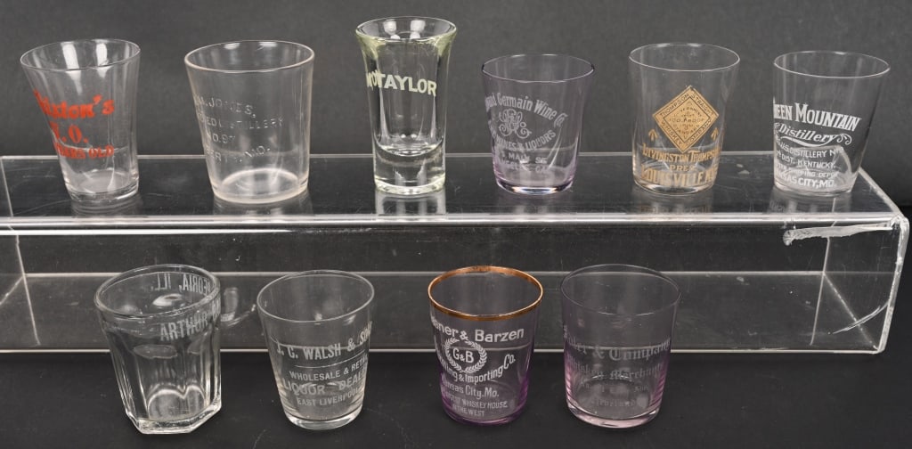 10- ANTIQUE WHISKEY ADVERTISING SHOT GLASSES: 10- Antique Whiskey Advertising Shot Glasses. Various companies. Excellent