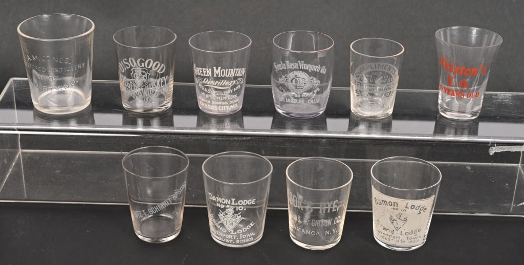 10- ANTIQUE WHISKEY ADVERTISING SHOT GLASSES: 10- Antique Whiskey Advertising Shot Glasses. Various companies. Excellent