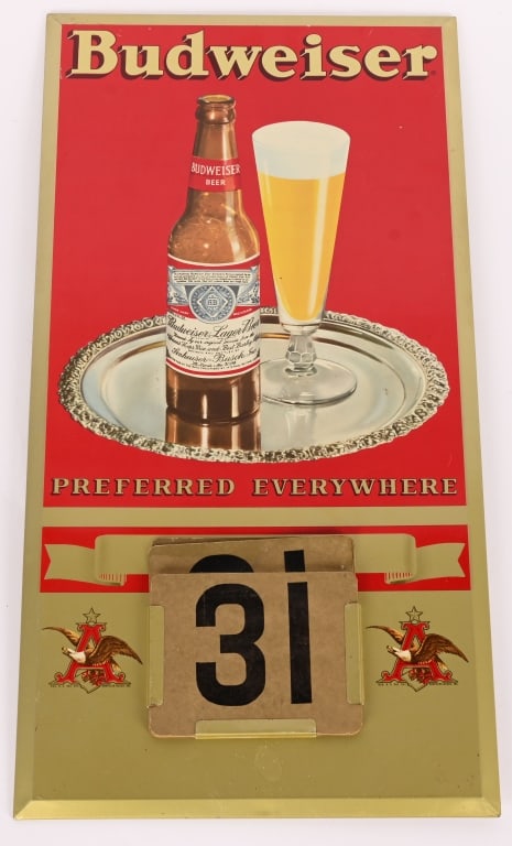 BUDWEISER BEER TIN CALENDAR SIGN: Budweiser Beer tin over cardboard Calendar Sign. Nice colors. Budweiser is brewed in St Louis, Missouri. 22 1/2"x12" Excellent