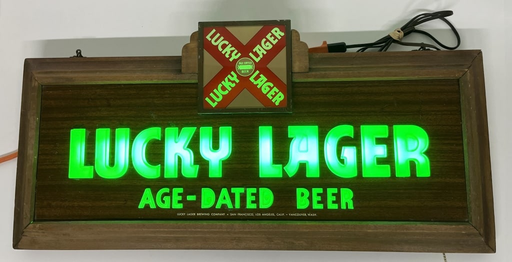 LUCK LAGER LIGHTUP SIGN: Lucky Lager Lightup Sign. All original and worked when tested. Brewed in San Francisco, CA. 28"x13" Excellent