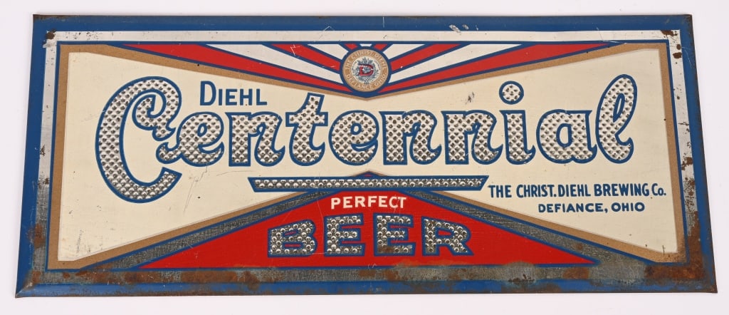 CENTENNIAL BEER TIN OVER CARDBOARD SIGN: Centennial Beer tin over cardboard sign. Nice colors. Some loss on edges. Brewed in Defiance, Oh 15"x6 1/2 Very Good-Excellent