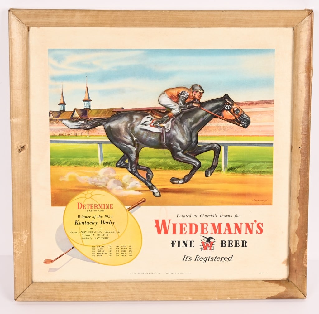 WIEDMANN'S BEER DETERINE HORSE RACE SIGN: Wiedmann's Beer Determine Kentucky Derby blown mold and cardboard Sign. Nice condition. Brewed in Newfort, KY. 18 1/2"x18" Excellent