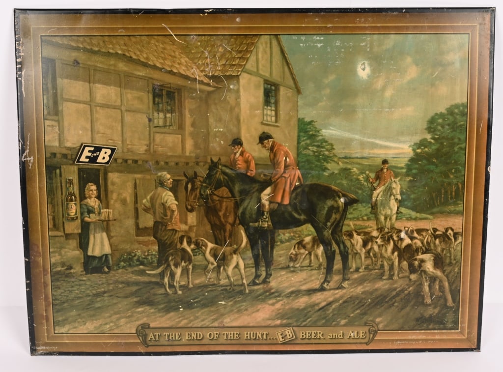 E AND B BEER HUNTING SCENE TIN SIGN: E and B Beer Hunting Scene Tin Sign. All original with some minor wear. Brewed in Detroit, MI. 20"x15" Very Good