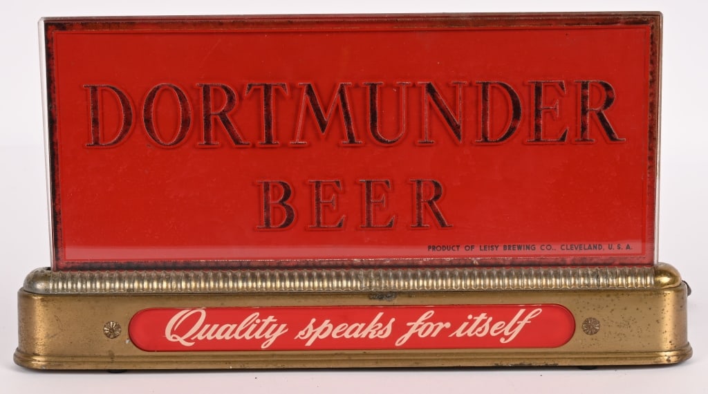 DORTMUNDER BEER LIGHTUP SELF SIGN: Dortmunder Beer Lightup Shelf Sign. All original in nice condition. Could not be tested because not safe. Brewed in Chicago, IL 13"x7 1/2" Excellent