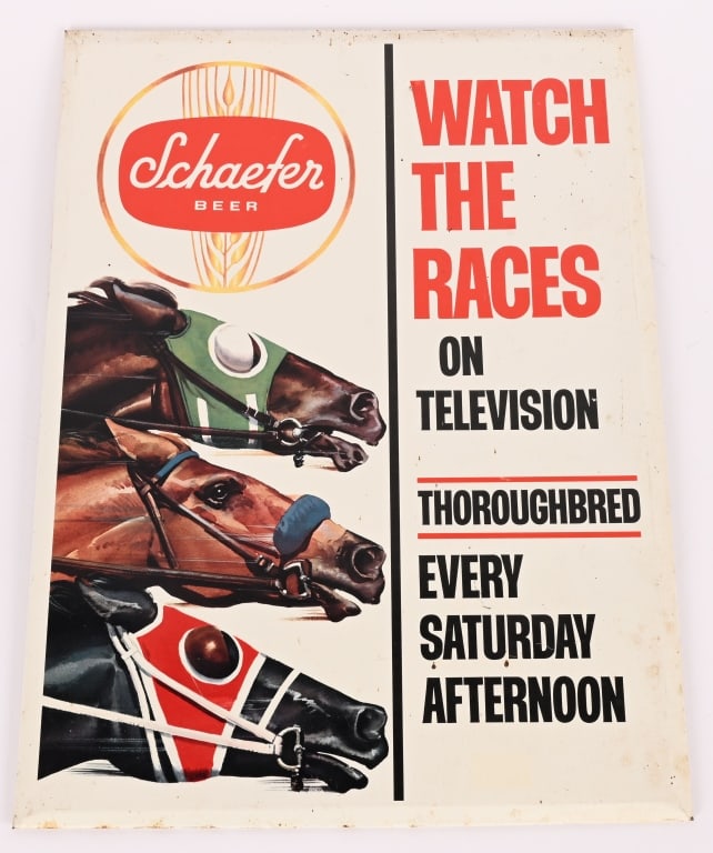 SCHAEFER BEER RACE HORSE TIN SIGN: Schaefer Beer Horse Race tin over cardboard sign. All original with nice colors. Brewed in New York. 19"x14" Excellent