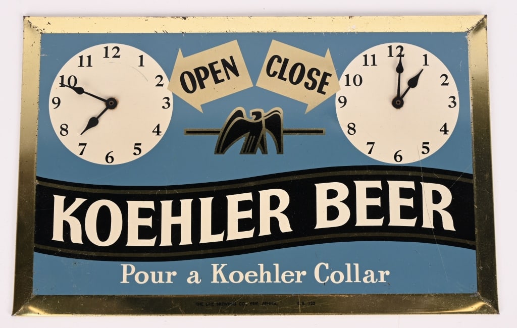 KOEHLER BEER TIN OPEN / CLOSE SIGN: Koehler Beer tin Open / Close Sign. All original in great shape. Brewed in Erie, PA. 14"x9" Excellent