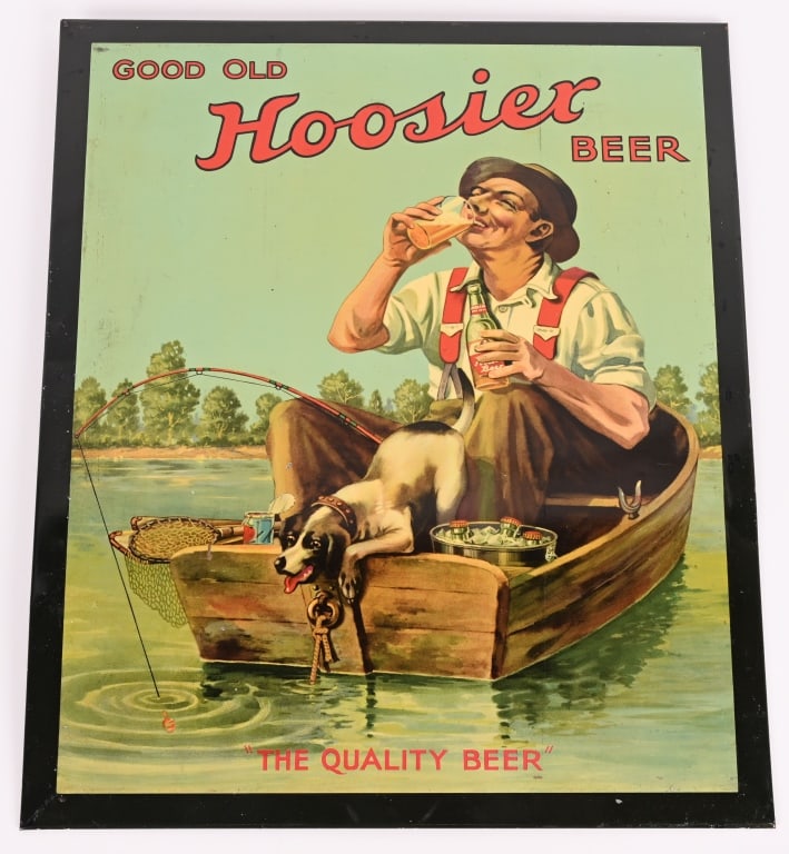 HOOSIER BEER TIN OVER CARDBOARD SIGN: Hoosier Beer tin over cardboard Sign. Great color and image Man with Dog in Boat Fishing. Very nice condition. Brewed in South Bend, IN. 15"x12 1/2" Excellent