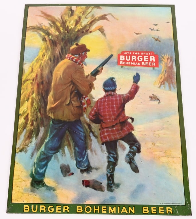BURGER BOHEMIAN BEER TIN HUNTING SCENE SIGN: Burger Bohemian Beer tin over cardboard Hunting Scene Sign. All original with great image and colors. Brewed in Cincinnati, OH. 20"x15" Excellent
