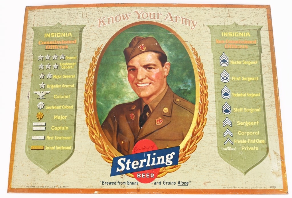 STERLING BEER KNOW YOUR ARMY TIN SIGN: Sterling Beer tin over cardboard Know Your Army Sign. All original with nice graphics. Brewed in Evansville, IN. 20"x15" Excellent