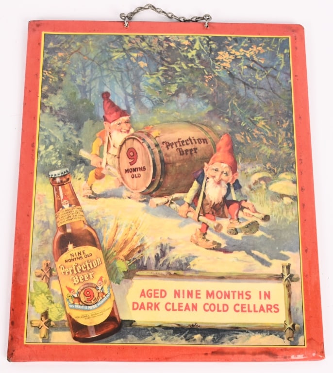 PERFECTION BEER CELLULOID & TIN SIGN: Perfection Beer celluloid over tin Sign. All original with great image and colors. Brewed in Allentown, PA. 12 1/2"x10 1/2" Excellent