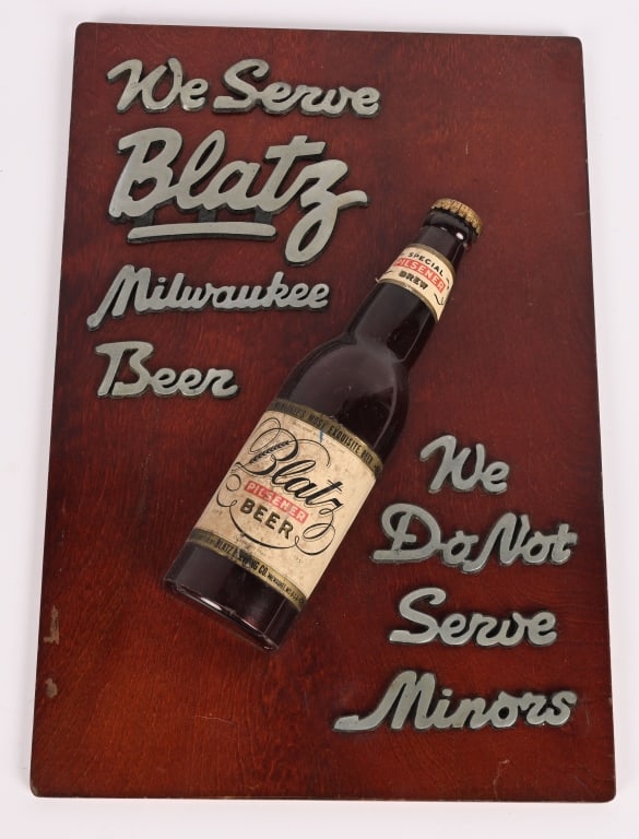BLATZ BEER WOODEN BOTTLE SIGN: Blatz Beer wooden Bottle Sign. All original in great shape. Brewed in Milwaukee, WI. 15 1/2"x10 1/2" Excellent