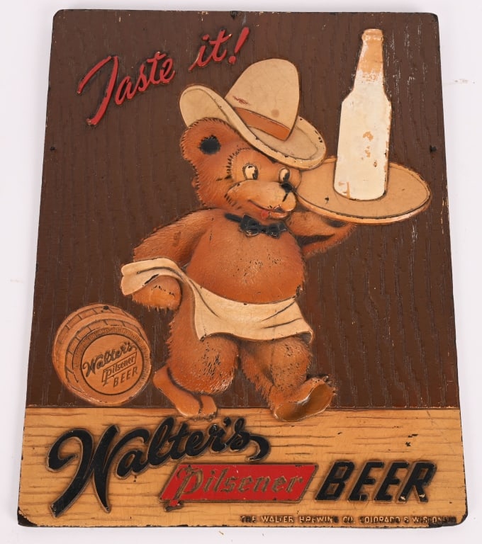 WALTER'S PILSNER BEER MASONITE SIGN: Walter's Pilsner Beer Masonite Sign. All original with Bear graphics. Brewed in Colorado. 13 1/2"x10 1/2" Excellent