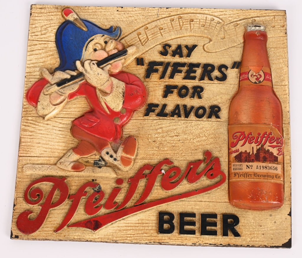 PFEIFFER'S BEER MASONITE SIGN: Pfeiffer's Beer Masonite Sign. All original with nice colors. Brewed in Detroit, MI/ 13"x12" Excellent