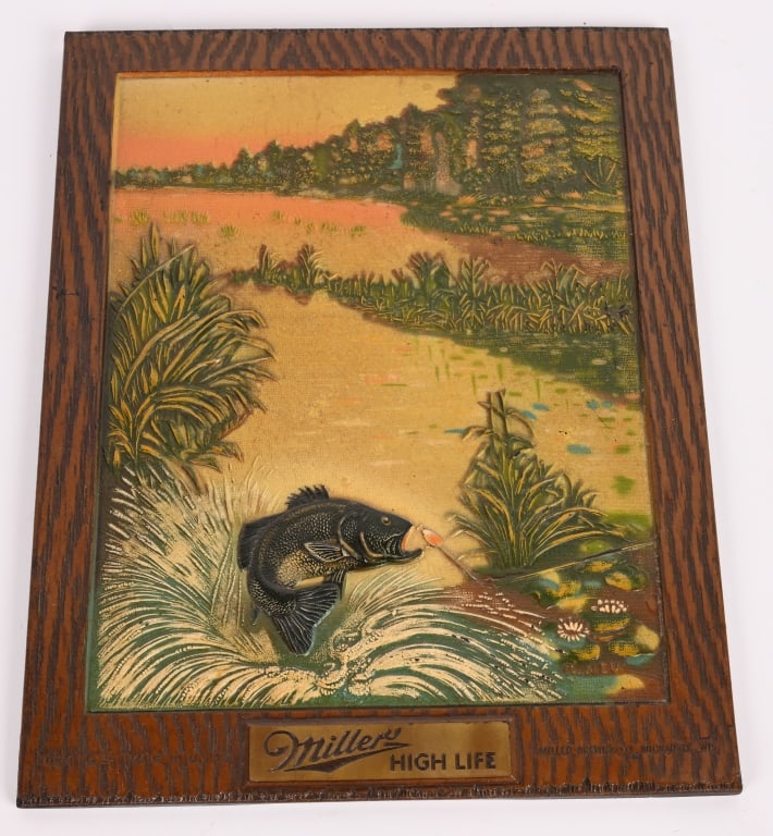 MILLER HIGH LIFE MASONITE SIGN: Miller High Life Masonite Sign. Great fishing image. Brewed in Milwaukee, WI. 13 1/2"x10 1/2" Excellent