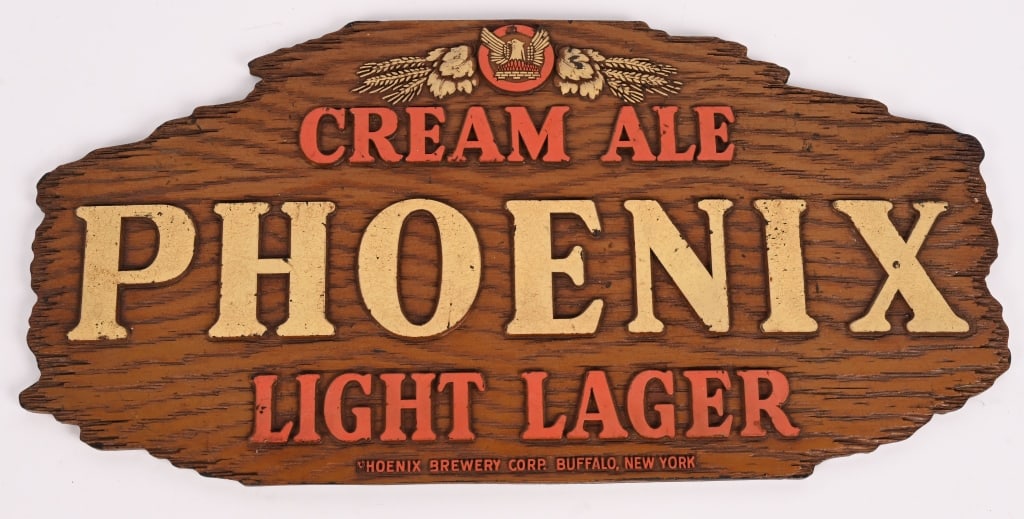 PHOENIX LIGHT LAGER MASONITE SIGN: Phoenix Light Lager Masonite Sign. Great shape. Brewed in Buffalo, NY. 15"x8" Excellent