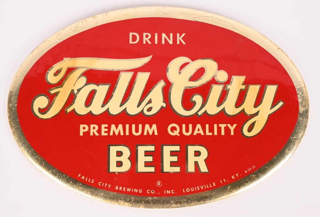 FALLS CITY BEER TIN OVER CARDBOARD SIGN: Falls City Beer tin over cardboard Sign. Nice shape. Brewed in Louisville, KY. 12"x8" Excellent