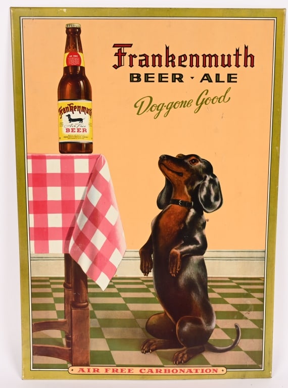 FRANKENMUTH BEER TIN OVER CARDBOARD SIGN: Frankenmuth Beer tin over cardboard Sign. Great Dog graphics. Brewed in Frankenmuth,MI. 19"x13" Excellent