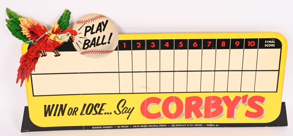 CORBY'S WHISKEY BASEBALL SCORE BOARD SIGN: Corby's Whiskey cardboard Baseball score Board Sign. Great colors. 27"x13" Excellent