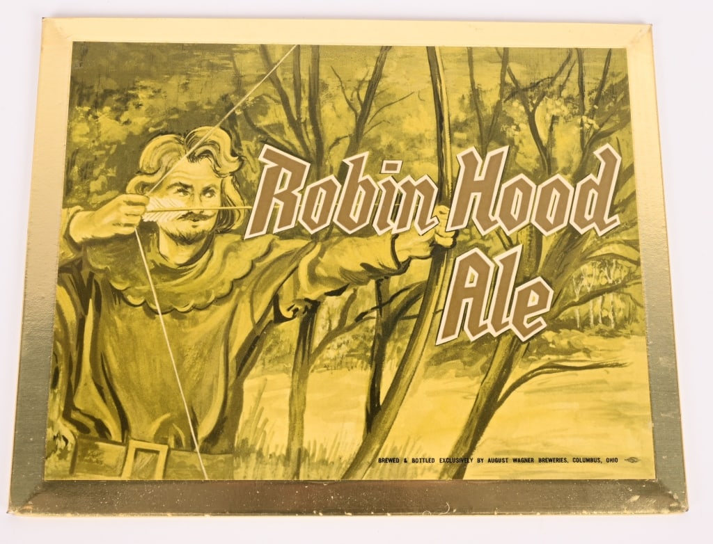 ROBIN HOOD TIN OVER CARDBOARD SIGN: Robin Hood Ale tin over cardboard sign. Nice graphics. Great shape. Brewed in Columbus, Oh. 10"x8" Excellent