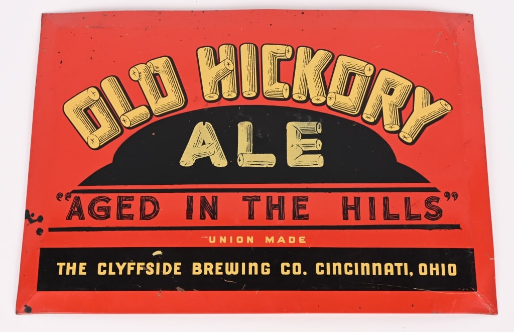 OLD HICKORY ALE TIN OVER CARDBOARD SIGN: Old Hickory Ale tin over cardboard Sign. All original in good shape. Brewed in Cincinnati, Ohio. 13"x9" Excellent