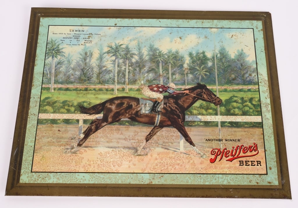 PHEIFFER'S BEER LA WRIN HORSE RACE TIN SIGN: Pfeiffer's Beer La Wrin Horse race tin over cardboard Sign. All original condition. Has some loss. Brewed in Detroit, MI. 18"x14" Very Good