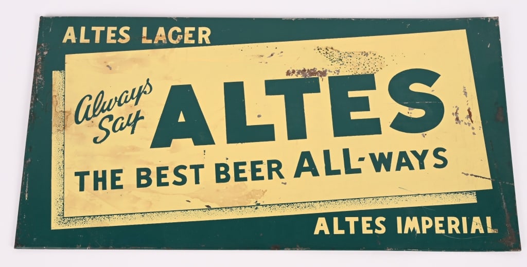 ALTES BEER TIN OVER CARDBOARD SIGN: Altes Beer tin over cardboard Sign. Has some loss. Brewed in Detroit, MI. 16"x 8 1/2" Very Good