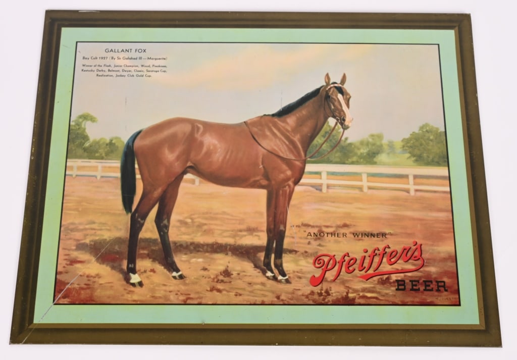 PFEIFFER'S BEER GALLANT FOX HORSE RACE TIN SIGN: Pfeiffer's Beer Gallant Fox Horse Race tin over cardboard Sign. Great shape. Brewed in Detroit, MI. 18"x14" Excellent