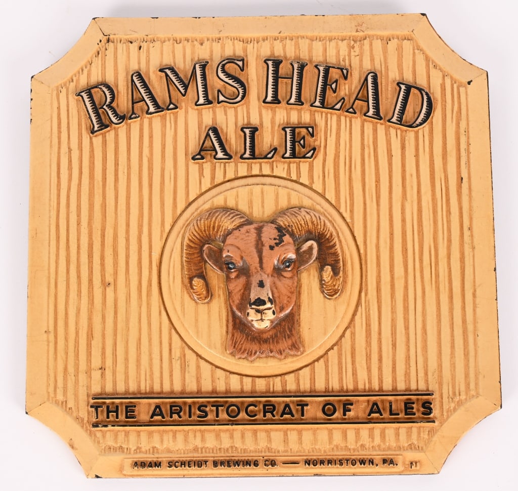 RAMS HEAD ALE MASONITE SIGN: Rams Head Ale Masonite Sign. Great shape. Brewed in Norristown, PA. 8 1/2"x8 1/2" Excellent