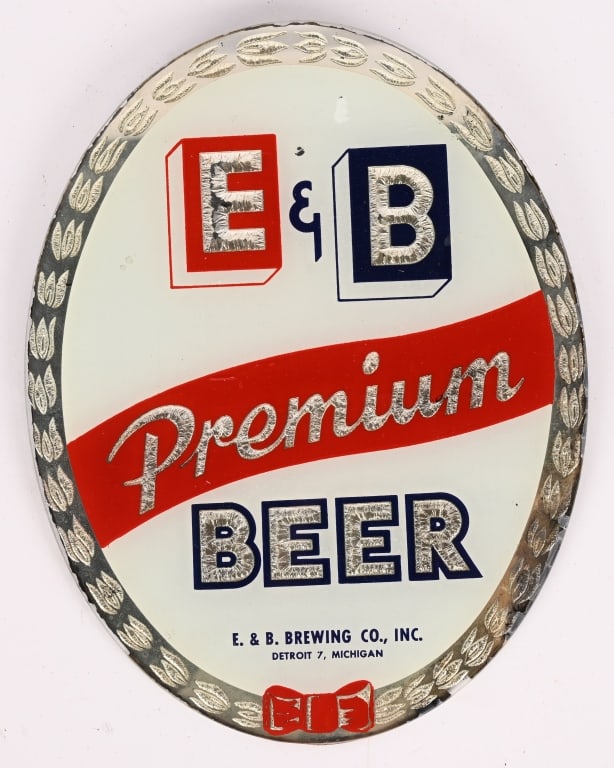 E&B PREMIUM BEER REVERSE PAINTED GLASS SIGN (1 of 2)