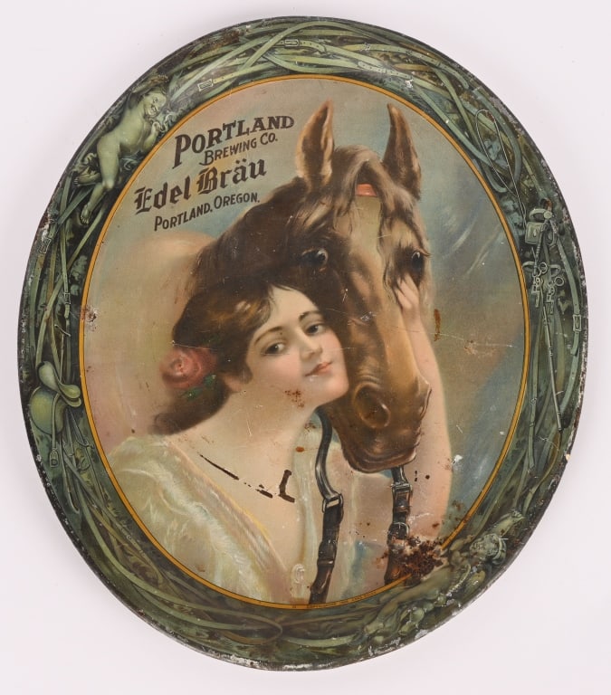 PORTLAND EDEL BRAU ADVERTISING TRAY: Portland Edel Brau Advertising Tray. Great image and woman with horse. Nice colors. Has small spot of loss. Brewed in Portland, Oregon. Rare Tray. 16 1/2"x13 1/2" Very Good-Excellent