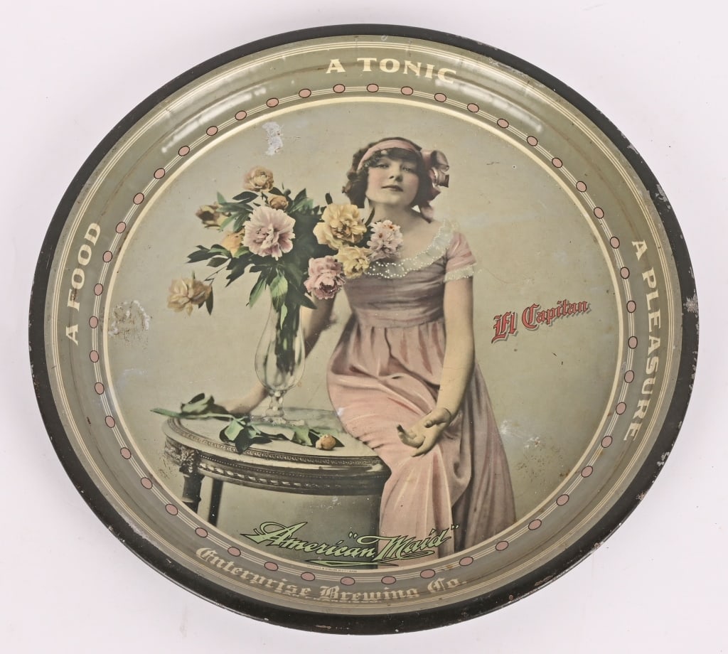 ENTERPRISE BREWING ADVERTISING TRAY: Enterprise Brewing Advertising Tray. Great image of American Made Girl. Nice condition. Brewed in San Francisco, CA. 13 1/2" Excellent