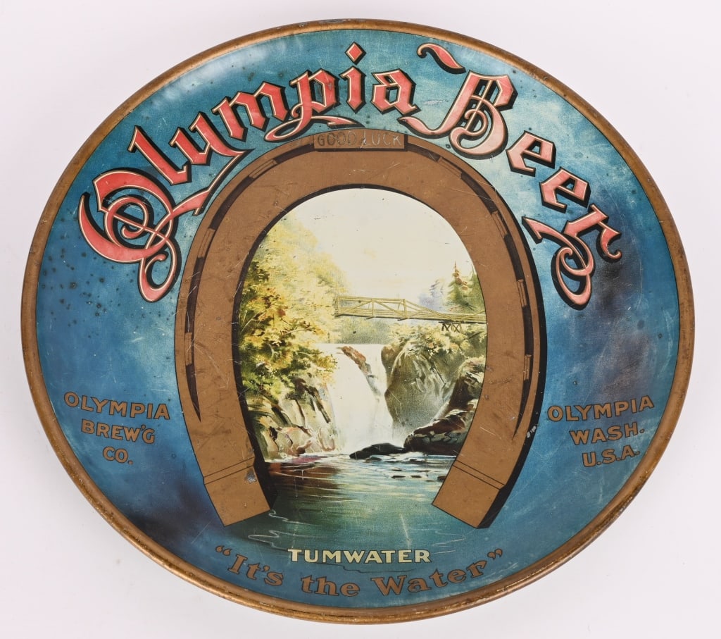 OLYMPIA BEER ADVERTISING CHARGER: Olympia Beer Advertising Charger. All original in decent condition. Brewed in Olympia, WA. 17" Very Good-Excellent