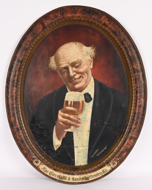 CLEVELAND & SANDUSKY BREWING SELF FRAMED TIN SIGN: Cleveland & Sandusky Brewing self framed tin Sign. All original with some loss and a few mounting holes. 28 1/2"x22 1/2" Very Good