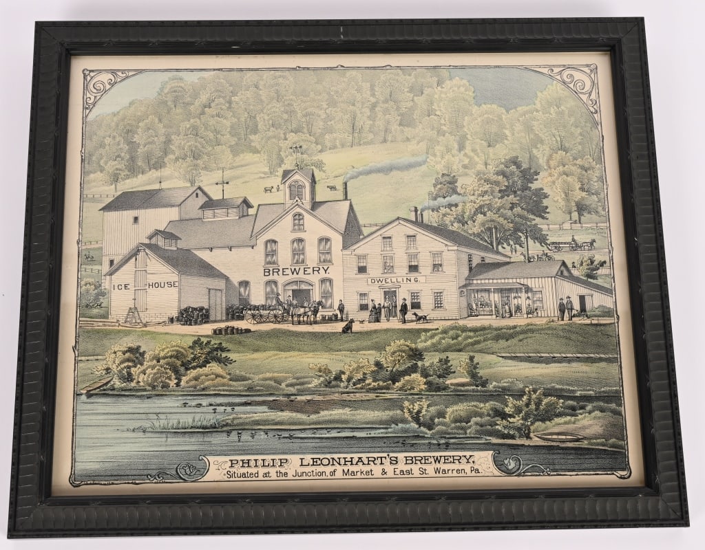 PHILIP LEONHART'S BREWERY HAND-COLORED ETCHING: Philip Leonhart's Brewery Hand Colored Etching. Wonderful condition. Framed. Pre-Pro. Brewed in Warren, PA. Has writing on back which says from Leonhart Estate 7-20-66 16"x15" Excellent