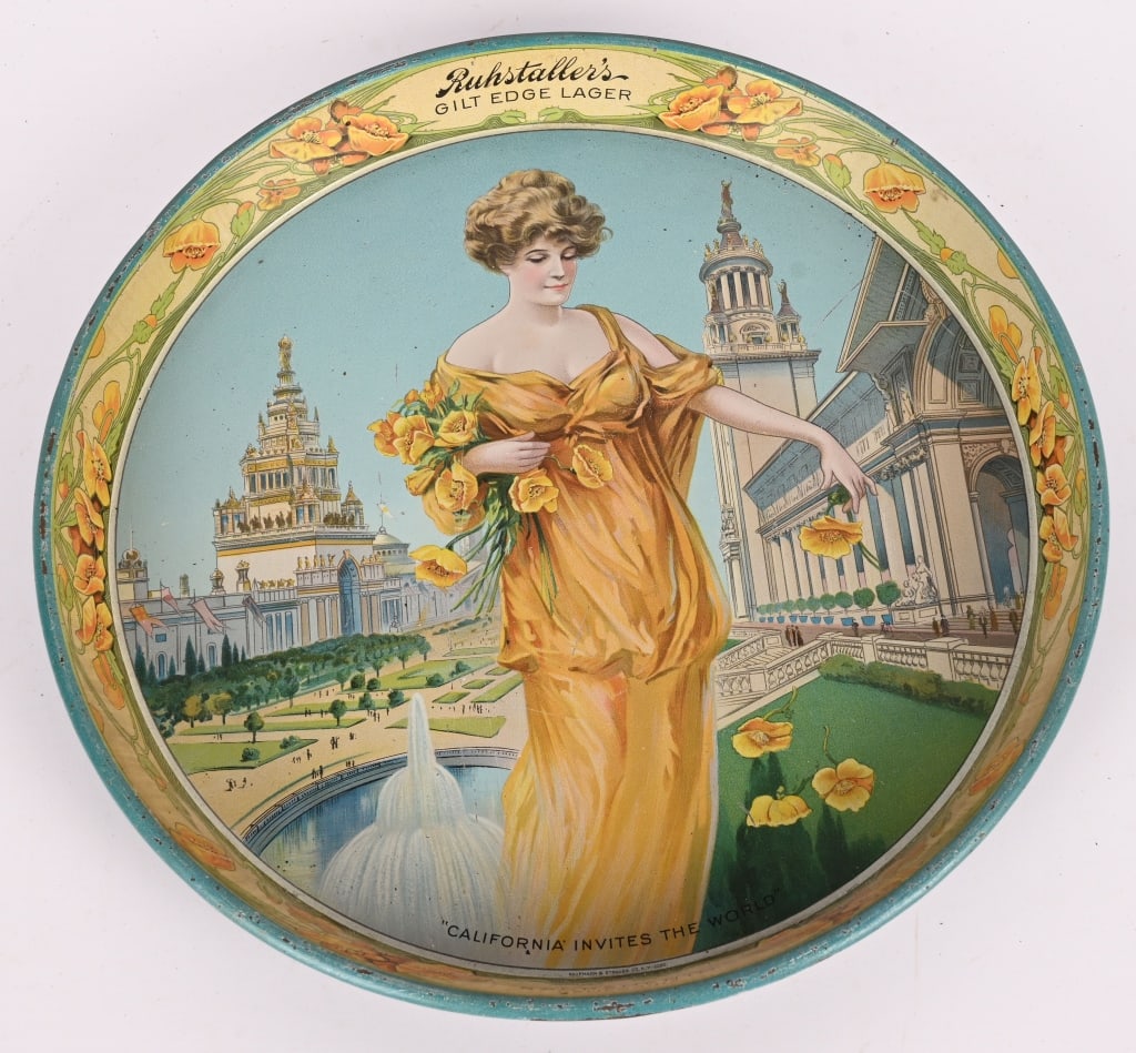 RUHSTALLER'S GILT EDGE LAGER ADVERTISING TRAY: Ruhstaller's Gilt Edge Lager Advertising Tray. Nice colors and image. Brewed in Sacramento, Ca. 12" Excellent