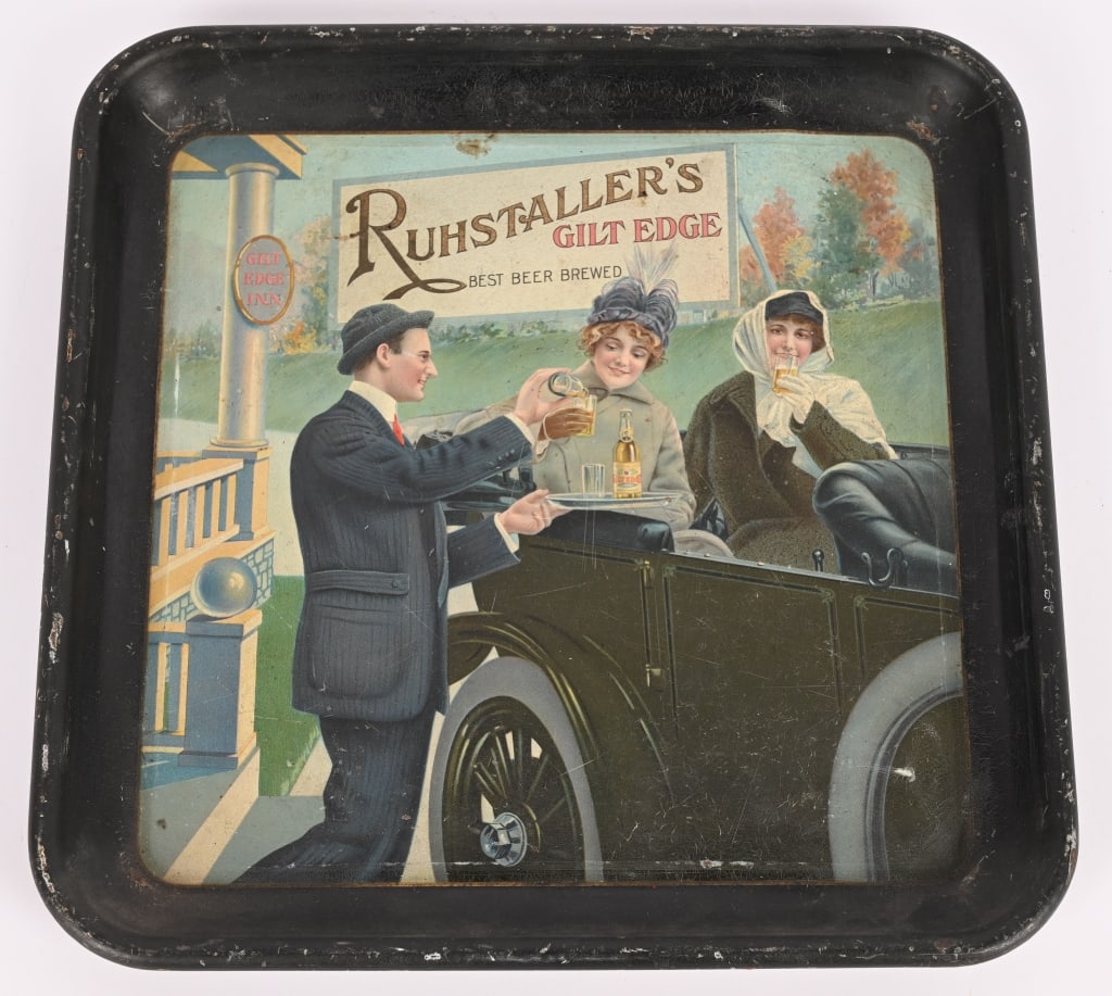 RUHSTALLER'S BEER ADVERTISING TRAY: Ruhstaller's Beer Advertising Tray. Great image of Ladies in early Automobile. All original condition. Brewed in Sacrament, CA. 13"x13" Excellent